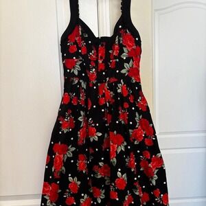 Hot Topic Rose Polka Dot Rockabilly Dress Black Red Floral Lace Trim Medium